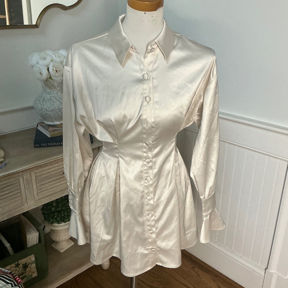 Majorelle Champagne Satin Button Down Mini Shirt Dress XXS NWT